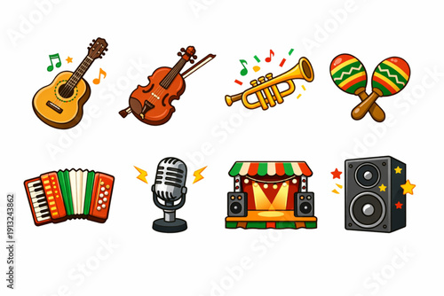 A colorful illustration of various musical instruments and equipment for a lively performance
