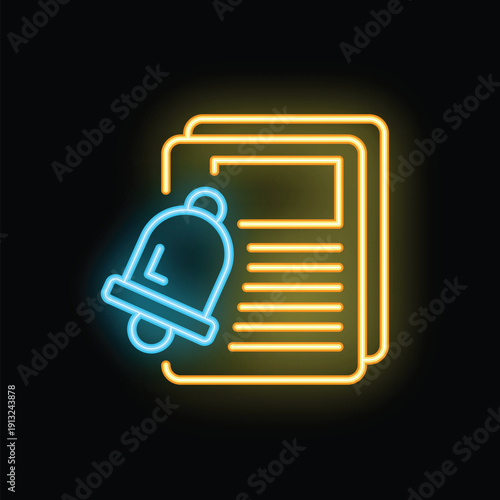 Neon icon of a ringing bell representing the concept of new articles notification