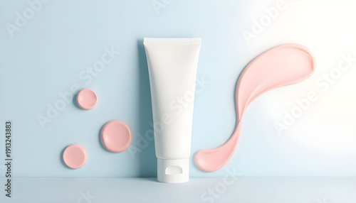 Wallpaper Mural A white tube of cream with pink splashes on a blue background, viewed from the front Torontodigital.ca