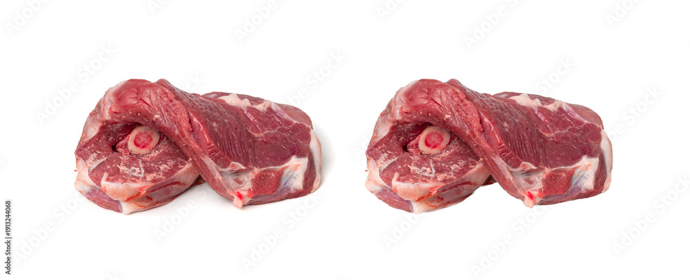 Obraz premium Raw mutton leg fillet isolated, lamb meat pieces, tenderloin or mutton sirloin meat, fresh sheep fillet