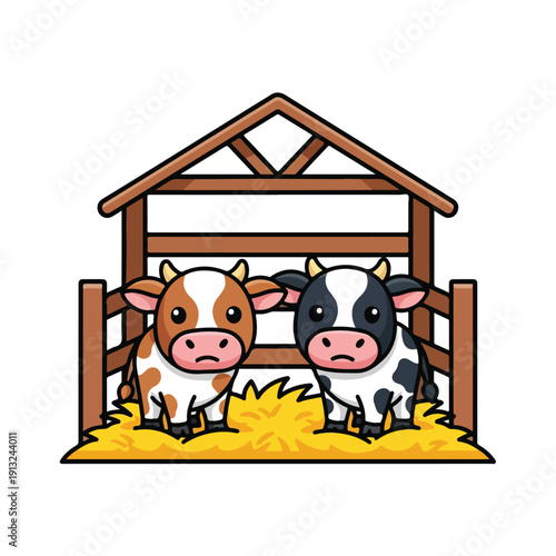 Cows standing in a barn with hay on the ground, vector illustration