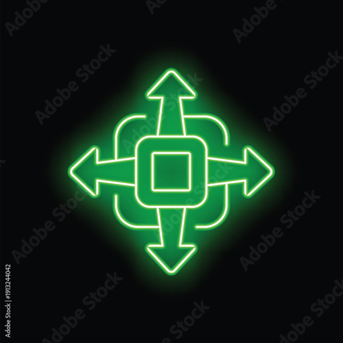 Green neon sign showing four arrows pointing in different directions on a black background