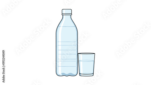 Clear plastic water bottle next to a glass filled with fresh drinking water shown in a simple vector line art style on a white background.