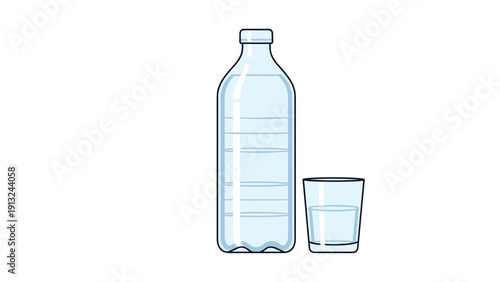 Stylized illustration of a full clear water bottle standing beside a half-full drinking glass on a plain white background for hydration concepts.