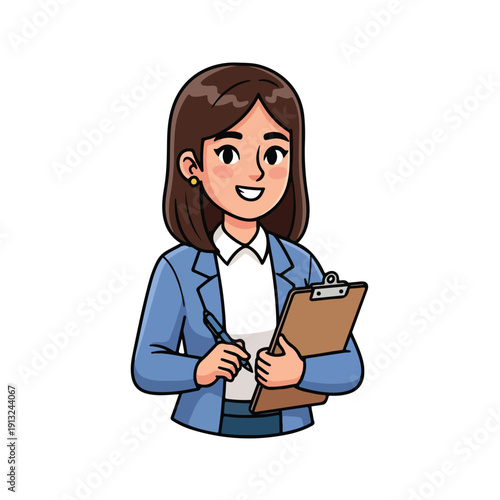 A cartoon businesswoman holding a clipboard and pen, standing in a professional setting