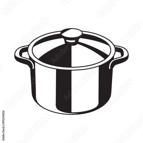 A simple black and white illustration of a stockpot with handles and a lid