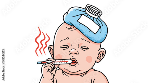 Sick baby infant with a red face and fever holding a thermometer in its mouth and resting an ice pack on its head to cool down.
