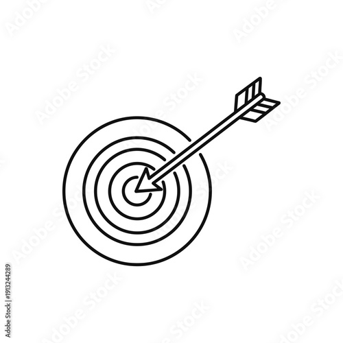Arrow hitting the bullseye center of a circular target graphic represents achieving a specific goal.