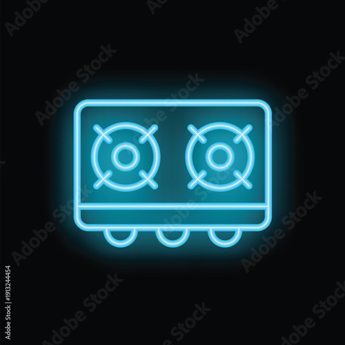 Neon icon of gas stove with burning burners on black background