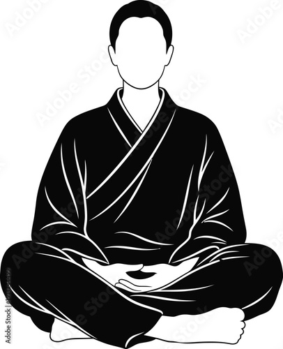 Man in traditional Japanese kimono meditating in lotus pose meditation yoga