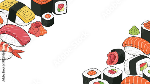 Assorted Japanese sushi pieces including nigiri, maki rolls, ginger, and wasabi arranged in a decorative frame around a central white space.