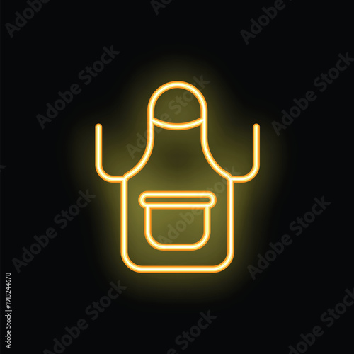 Yellow neon sign showing a kitchen apron with a pocket, a simple icon for restaurants and cooking classes