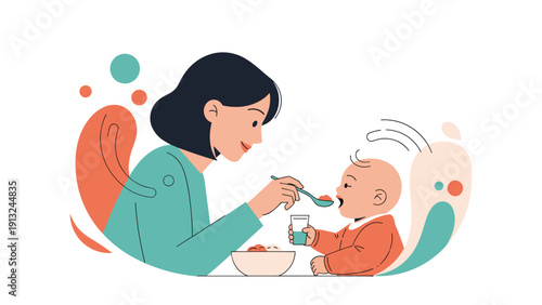 Caring mother sitting at a table and feeding her young baby infant with a spoon from a bowl of healthy baby food.