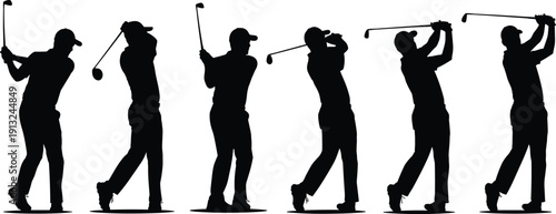 Golf player swing sequence silhouette set isolated on white background, professional golfer driving ball motion stages, sports action vector illustration for training and analysis