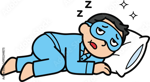 Tired Cartoon Boy Character Lying In Bed With A Blue Sleep Mask Having Trouble Sleeping For Insomnia Sleep Disorder Or Bedtime Hygiene Concept Vector Illustration