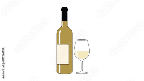 Elegant bottle of white wine standing next to a glass partially filled with wine shown in a clean vector style on a white background.