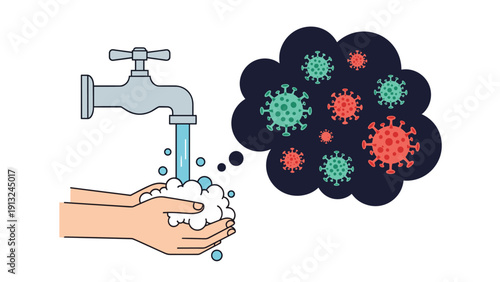 Two hands being washed with soap under running water from a tap to prevent the spread of colorful floating virus particles.