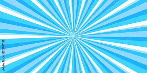 Pop art halftone background. Comic starburst pattern. Cartoon sunburst effect. Blue banner with dots and rays. Vintage duotone texture. Vector illustration. Superhero banner. Gradient wow design.