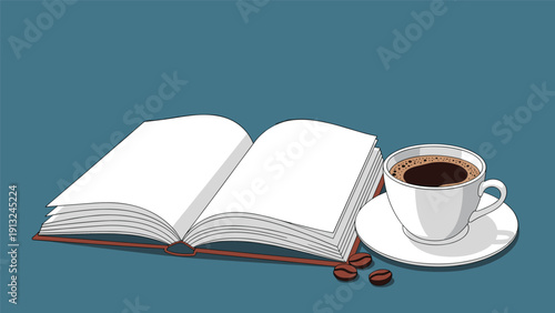 Open book with blank white pages sitting on a table next to a steaming cup of dark coffee with beans on a teal background.
