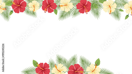 Tropical floral border featuring red and cream hibiscus flowers mixed with palm fronds and green leaves on a plain white background.