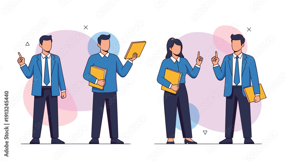 Fototapeta premium Business professionals standing in a group holding folders and gesturing with their fingers for communication and presentation.