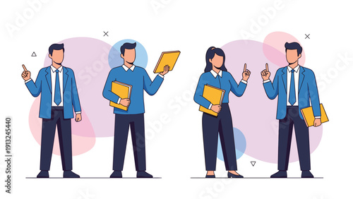 Business professionals standing in a group holding folders and gesturing with their fingers for communication and presentation.