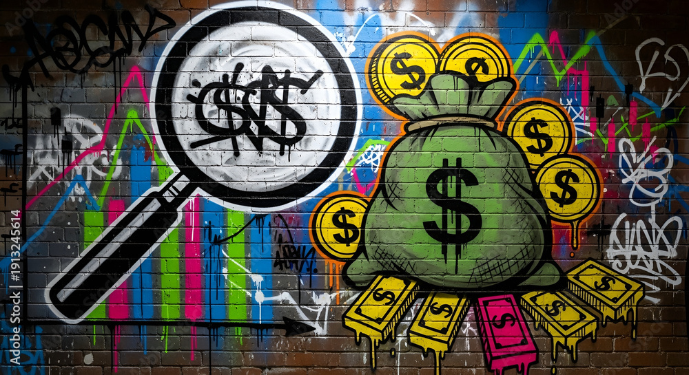 Obraz premium Dynamic street art mural on a brick wall, illustrating financial analysis and wealth creation with a magnifying glass examining market trends and a vibrant money bag overflowing with prosperity