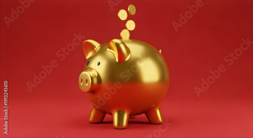 Wallpaper Mural Golden piggy bank with coins flying out on red background representing savings and financial success Torontodigital.ca