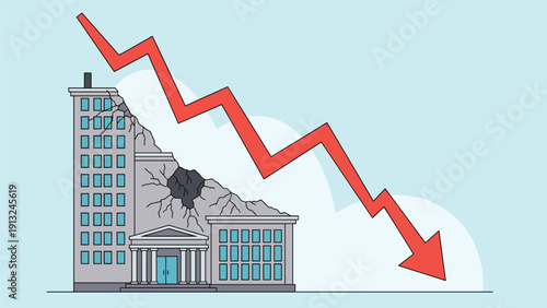 Illustration of a crumbling bank building with a sharp red downward arrow representing a financial crash and economic recession.