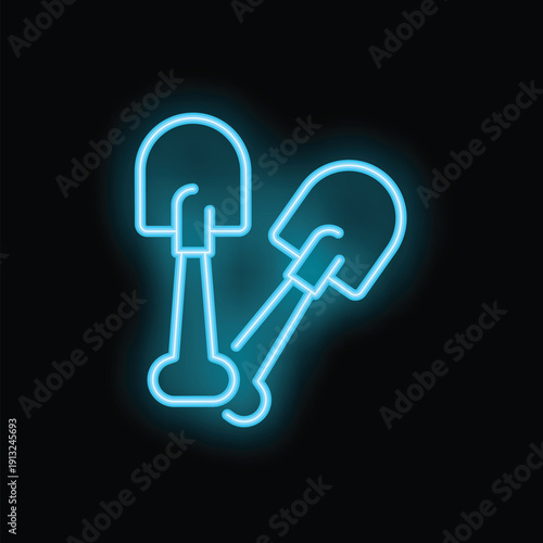 Bright blue neon shovel icon glowing against a black background