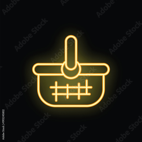 Neon yellow glowing picnic basket icon isolated on a black background