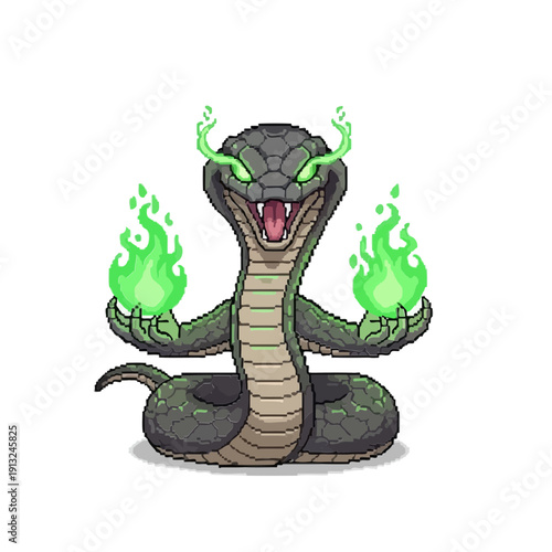 Pixel Art Mystical Cobra Snake Holding Green Magic Flames and Glowing Eyes
