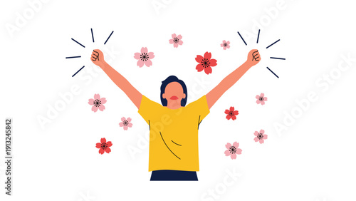 Joyful woman celebrating with arms raised in victory surrounded by beautiful pink cherry blossoms in a flat design style.