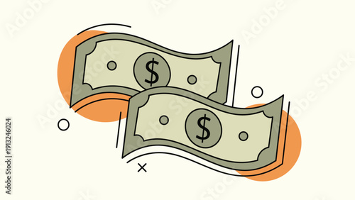 Two illustrated green dollar banknotes waving in the air representing financial success and monetary value in business.