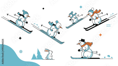 Whimsical collection of snowmen characters engaged in various winter activities including skiing and snowboarding across a white slope.