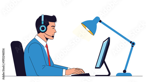 Professional customer support representative with a headset working at a computer desk under a blue desk lamp.