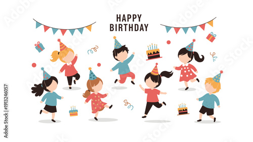 Group of joyful children wearing party hats dance and celebrate at a happy birthday party with cake, presents, and colorful bunting.