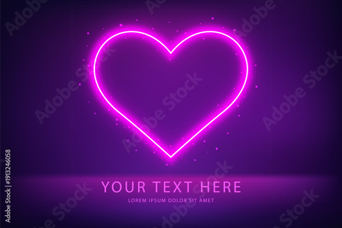 Glowing neon heart outline on a dark purple and blue gradient background with copy space for text.