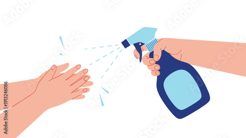 Person uses a blue spray bottle to apply disinfectant liquid onto their hands for protection and hygiene to prevent the spread of germs.
