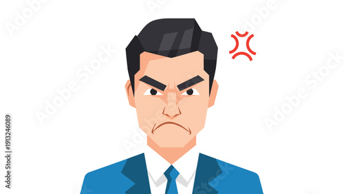 Frustrated man in a suit looking very angry with a red anger vein symbol floating near his head in a flat design.