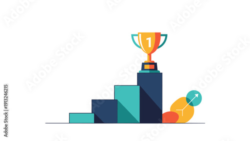 Golden winner trophy cup placed on top of a rising bar chart representing business growth and successful achievement.