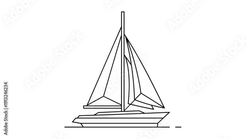 Simple black and white outline illustration of a sailboat floating on water used for nautical adventure and travel themes.