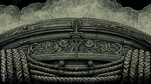 Intricate illustration of a ship's bow and hull, with detailed carvings and ropes against a cloudy sky