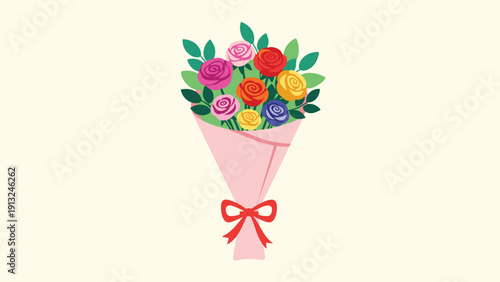 Colorful bouquet of assorted roses in pink, red, orange, blue, and yellow wrapped in paper with a red ribbon bow for a special gift.