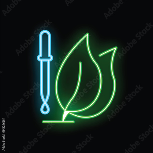 Glowing neon icon of a dropper taking essence from a leaf, suitable for representing natural and organic ingredients in beauty products