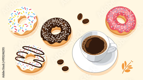 Variety of delicious glazed donuts with sprinkles and chocolate topping arranged around a cup of black coffee and coffee beans.