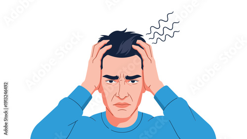 Distressed man holding his head with both hands experiencing a severe headache or intense psychological stress.