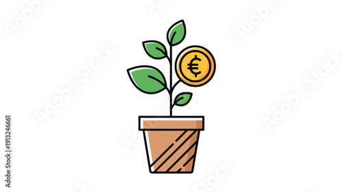 Euro coin growing on a healthy green plant in a terracotta pot representing financial growth and investment returns.