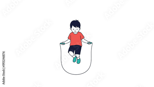 Young boy in a red shirt and dark shorts jumps over a skipping rope as part of his daily physical exercise and playtime activity.