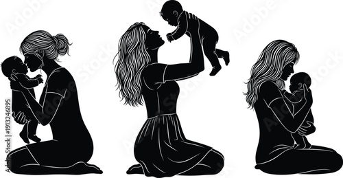 Silhouette illustration of three nurturing mother and baby scenes, symbolizing love, care, emotional bond, family connection, and parenting moments for design and educational projects.